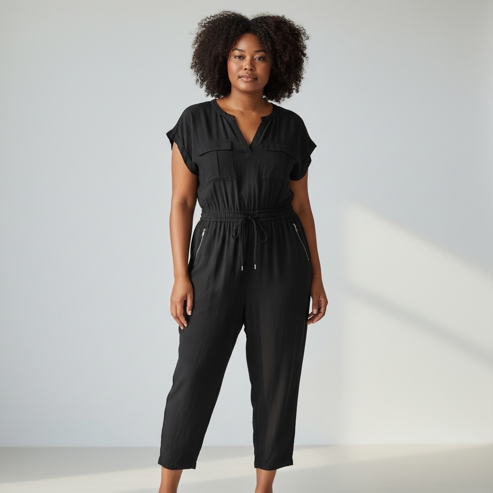 DKNY Black V-Neck Button Down Short Sleeve Rolled Ankle Hem Jumpsuit Women's XL